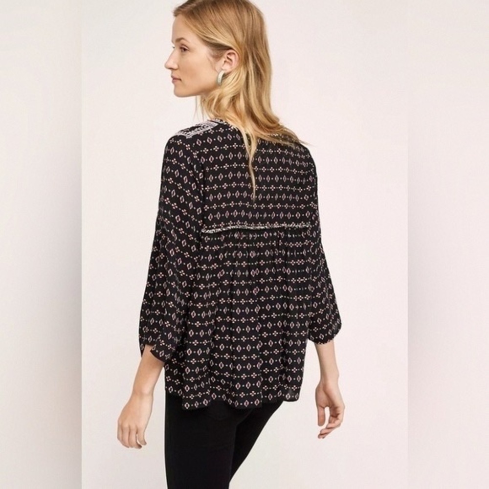 Maeve Black Printed Boho Blouse with Cream and Pink Motifs